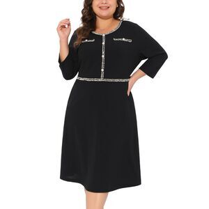 Plus Size Crew Neck 3/4 Sleeve Vintage Office Cocktail Bodycon Dress Black